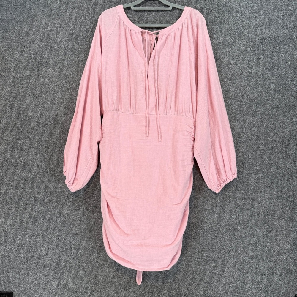 Free People Dress Womens Small Pink Ruched Tie Waist Balloon Sleeve Mini Boho